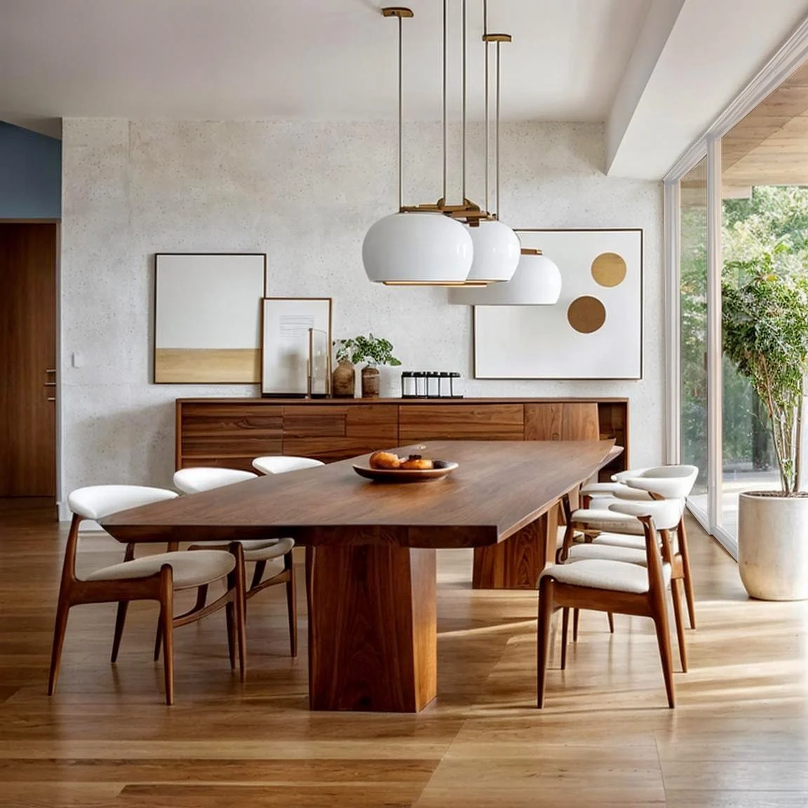 Comedor con mesa de madera, lámparas suspendidas y ventanal al jardín